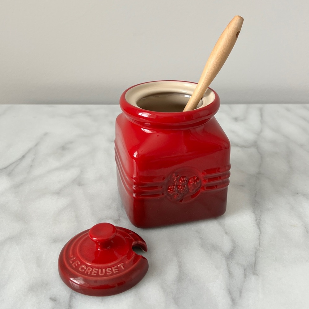 RETIRED Le Creuset Cherry Red Jam Jar with Wooden Spoon